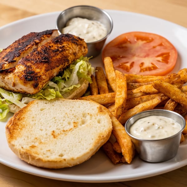 Grilled fish sandwich with lettuce, tomato, fries, and tartar sauce on a white plate.