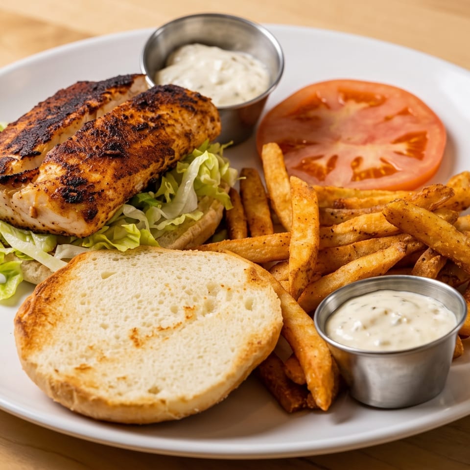 Grilled fish sandwich with lettuce, tomato, fries, and tartar sauce on a white plate.