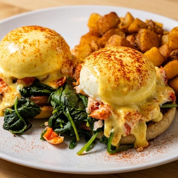 Lobster eggs Benedict with spinach, hollandaise, and roasted potatoes on a white plate.