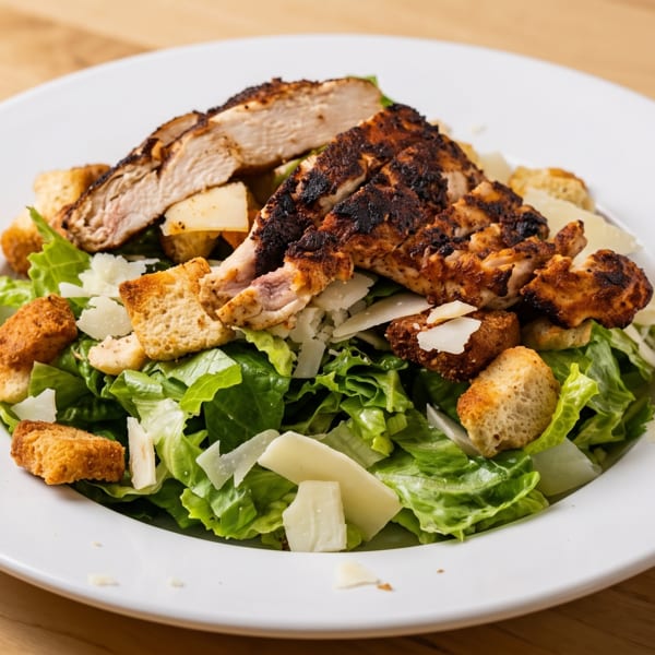 Grilled chicken Caesar salad with romaine lettuce, croutons, and parmesan cheese on a white plate.