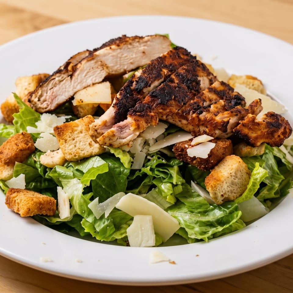 Grilled chicken Caesar salad with romaine lettuce, croutons, and parmesan cheese on a white plate.