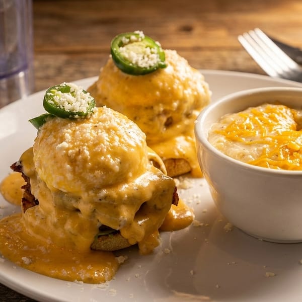 Two biscuits smothered in cheese sauce and jalapeños, with a side of cheesy grits on a wooden table.