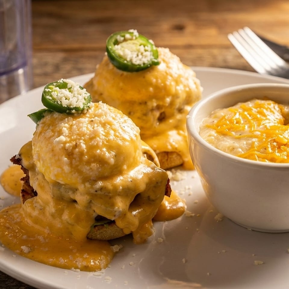 Two biscuits smothered in cheese sauce and jalapeños, with a side of cheesy grits on a wooden table.
