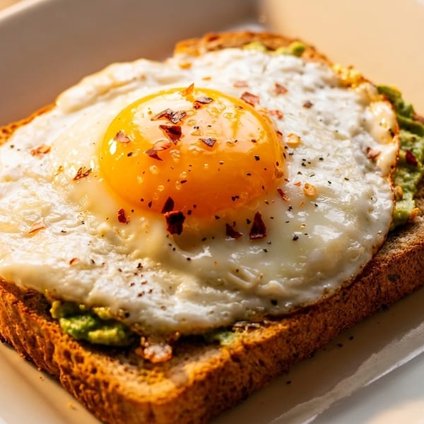 Avocado toast topped with a fried egg, black pepper, and red chili flakes on a white plate.