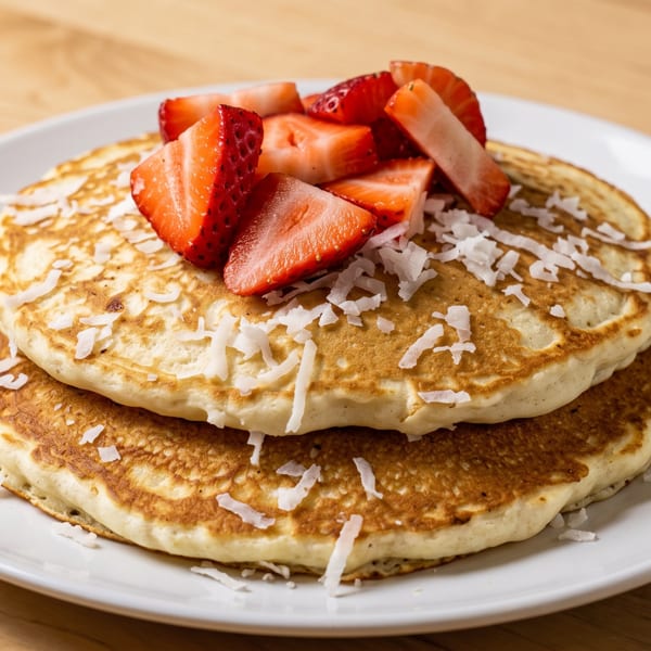 Stack of two golden pancakes topped with sliced strawberries and shredded coconut on a white plate.